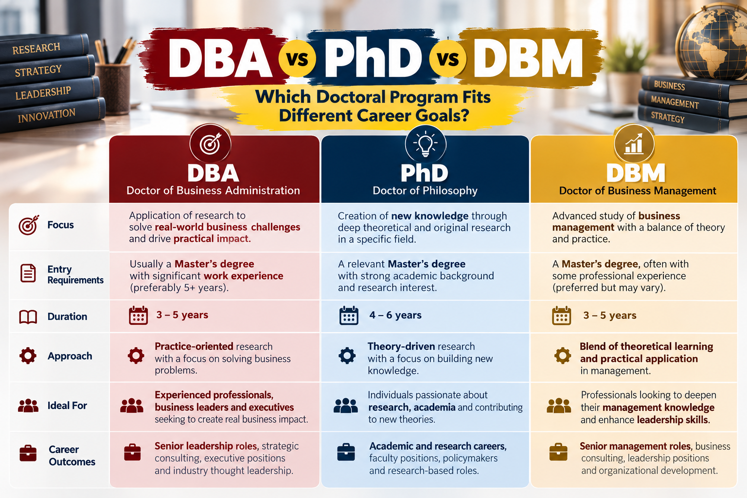 DBA vs PhD vs DBM Career Comparison